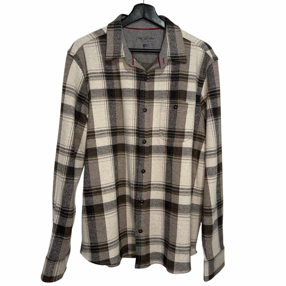 Men's Flag & Anthem Plaid Flannel Shirt size Large Tan Gray Outdoors Hiking